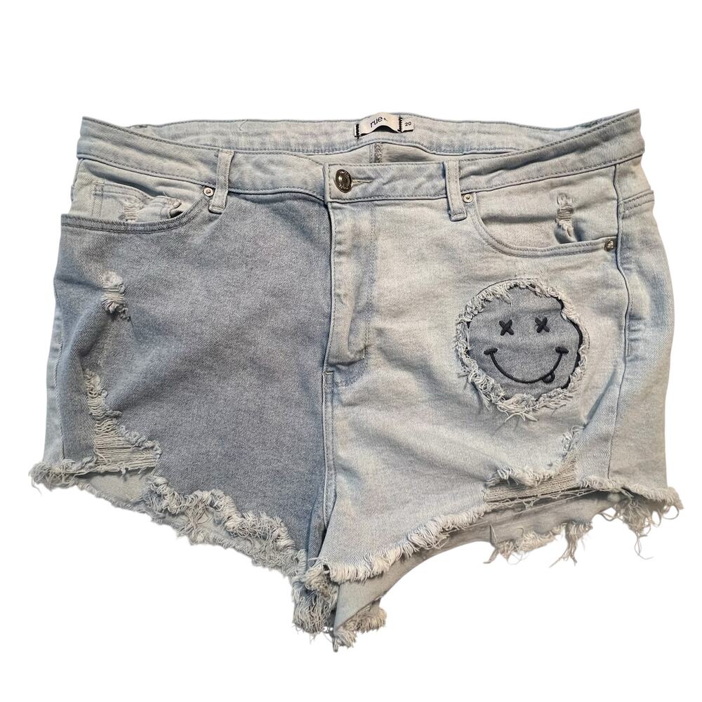 Rue+ Distressed Denim Shorts Women’s 20 High Rise Embroidered Smiley Cut Offs